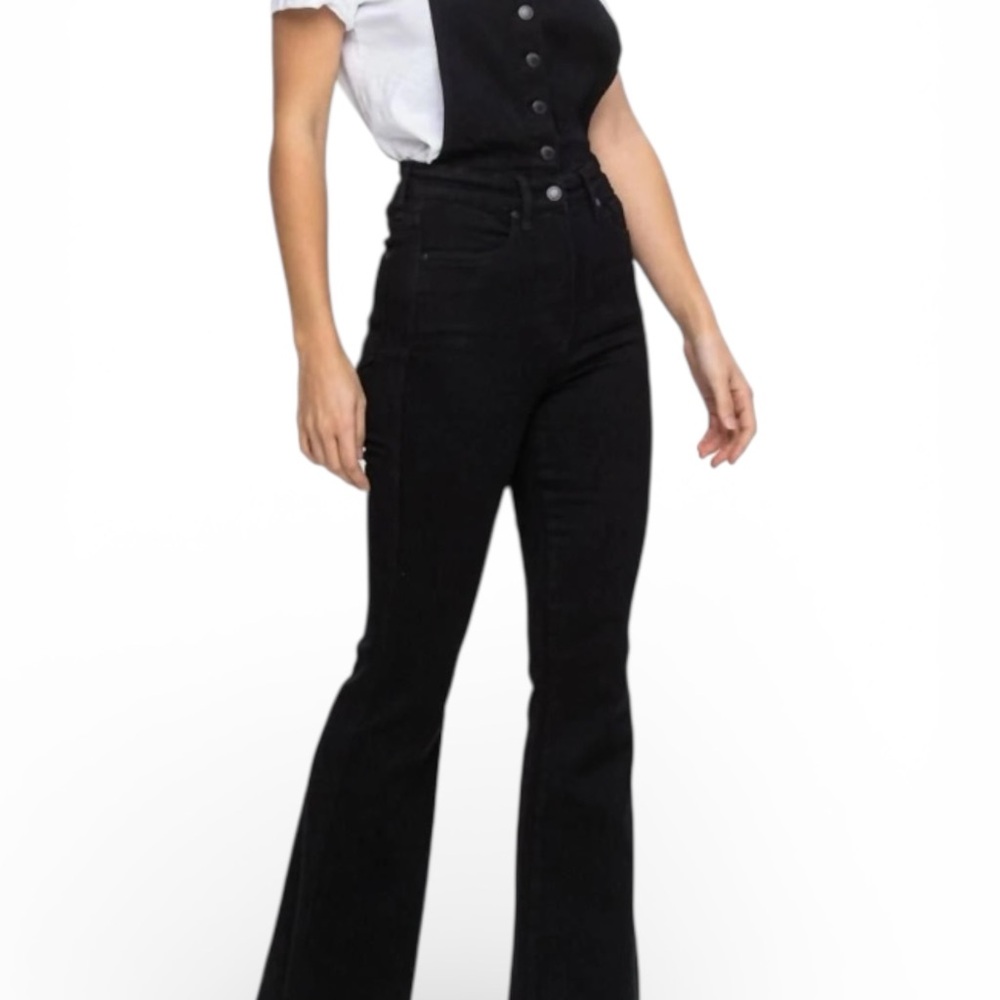 Judy Blue Tummy Control Retro Flare Black Overalls Denim Jumpsuit Size Large - Picture 9 of 16